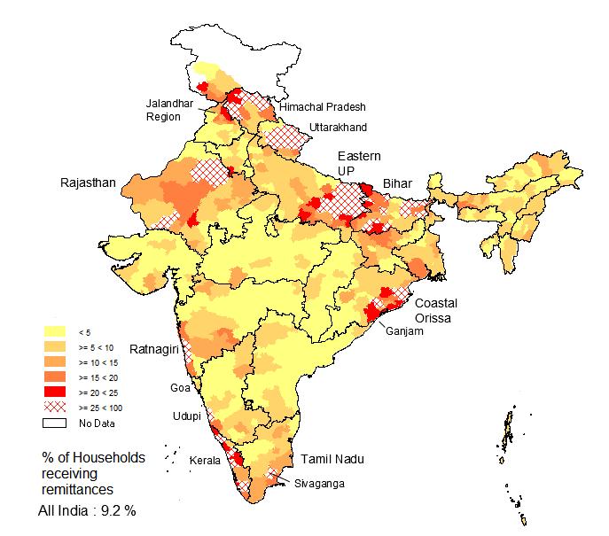 Figure 1: The Remittance Map UP=Uttar Pradesh. Source: Author s Estimates based on NSS 2007-08 data at the district level, with sampling weights.