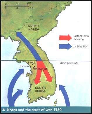 Korean War, 1950-1953 When WWII ended, North Korea became divided on the 38 th parallel (north surrendered to USSR, south surrendered to US).