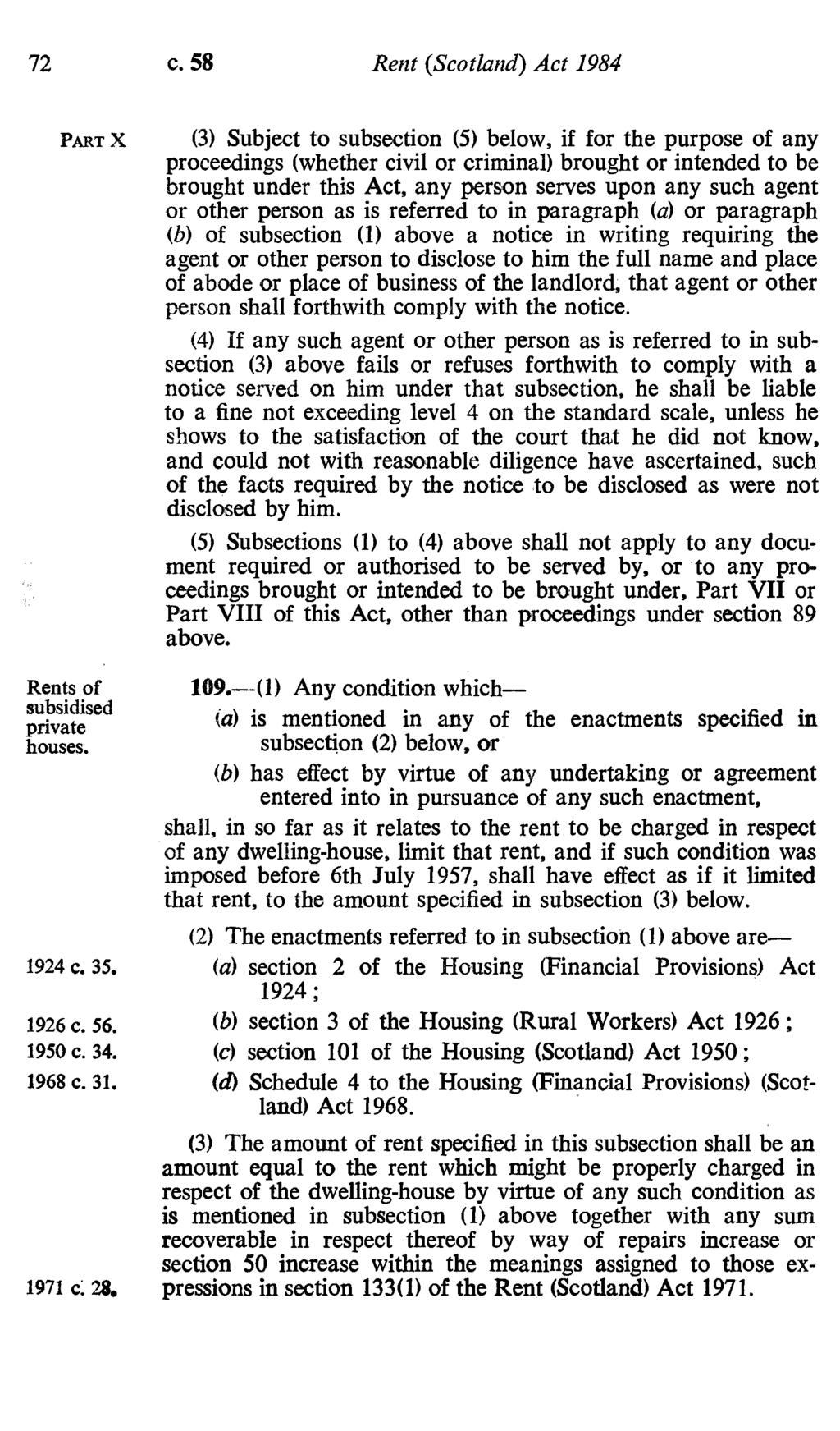 72 c. 58 Rent (Scotland) Act 1984 PART X Rents of subsidised private houses.