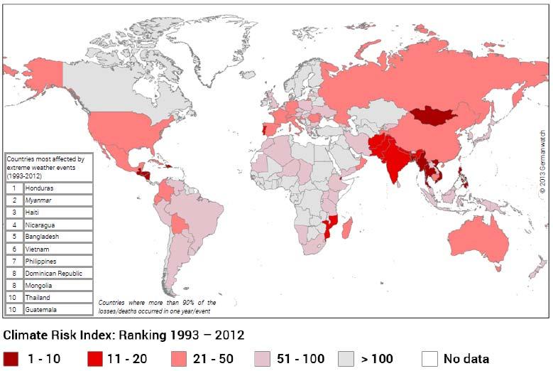 World Map of the Global Climate Risk Index 1993-2012 Source: Germanwatch and Munich