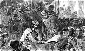 The Magna Carta (1215)! British Document! King John was forced to recognize his power was limited by the Barons!