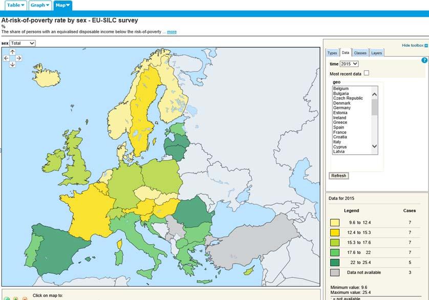 A map of income poverty rates (%) EU, 15 Survey year 15; income year 14. Poverty line = 6% contemporary national median income.