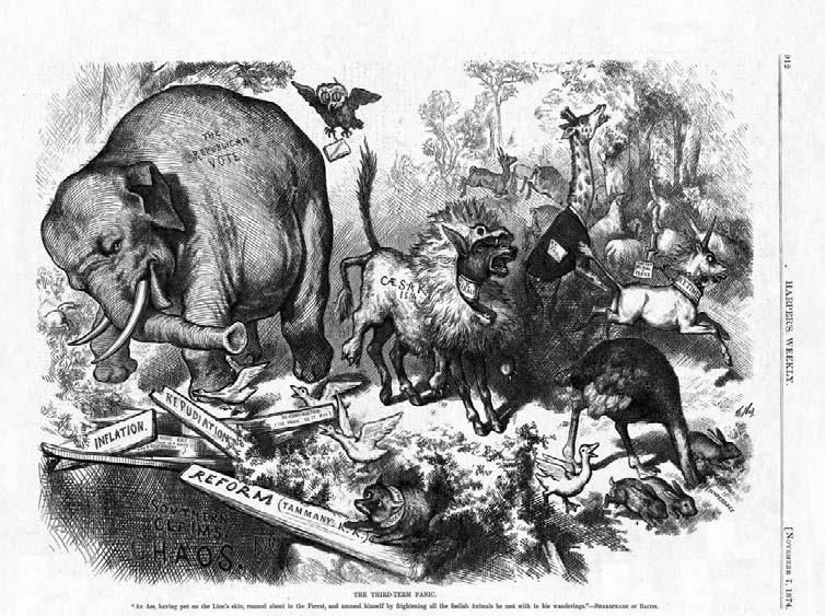 It dates back to a cartoon by legendary political cartoonist Thomas Nast, who in an 1874 issue of Harper's Weekly, depicted the Democrats as a donkey trying to scare a Republican