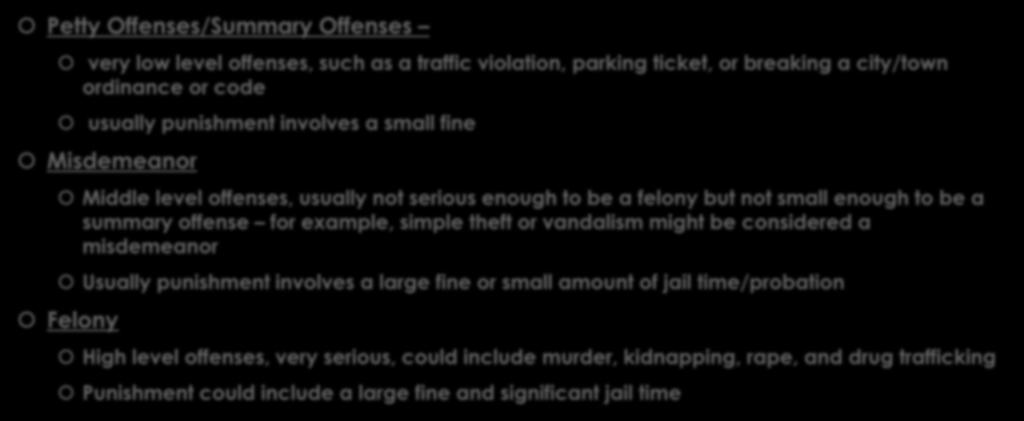 Types of Criminal Charges Petty Offenses/Summary Offenses very low level offenses, such as a traffic violation, parking ticket, or breaking a city/town ordinance or code usually punishment involves a