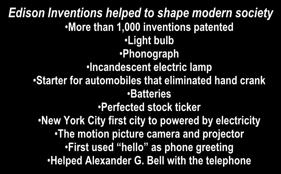 Wizard of Menlo Park Edison Inventions helped to shape modern society More than 1,000 inventions patented Light bulb Phonograph Incandescent electric lamp Starter for automobiles that eliminated hand