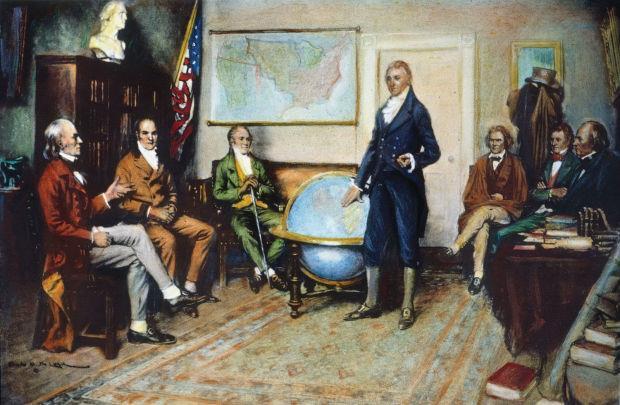 James Monroe (standing) presiding over a cabinet meeting in 1823 that led to The Monroe Doctrine.