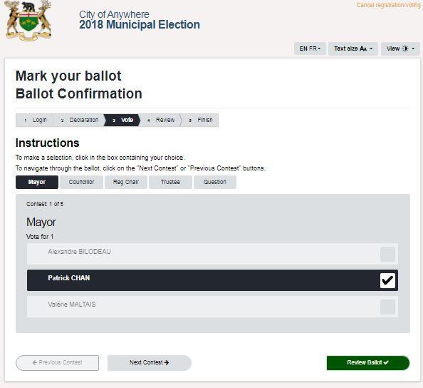 Internet Voting Marking the Ballot On screen instructions indicate how many selections the voter is to mark. In the case of this Mayor s race they are to make one (1) selection only.