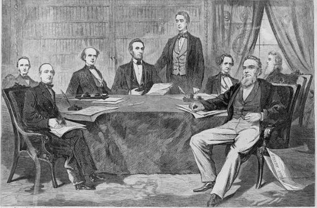 This is President Lincoln s Cabinet in his first year of the Presidency. Chase is seated immediately to the left of President Lincoln, as we view the scene.