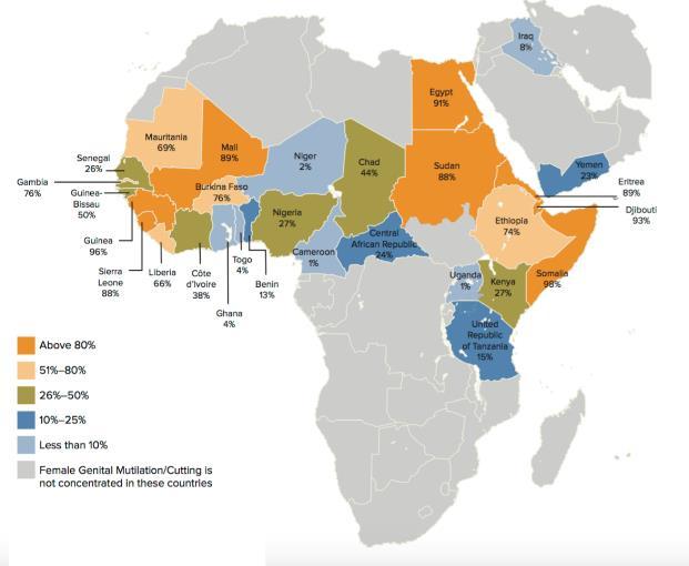 Figure 2: Percentage of girls and women aged 15-49 who have undergone female genital mutilation/cutting by country.