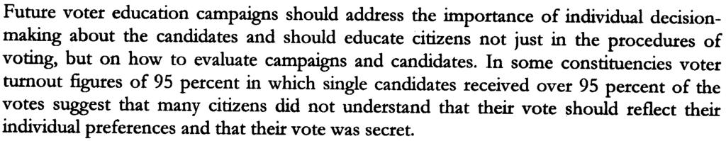 Future voter education campaigns should address the importance of individual decisionmaking about the candidates and should educate citizens not just in the procedures of voting, but on how to