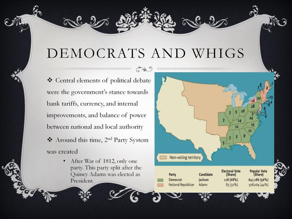 There were two parties that emerged in this time, the Democrats and Whigs aka the Republicans The central elements of political debate, the main things that were talked about, were the