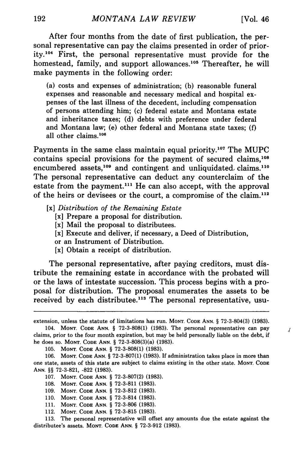 MONTANA Montana Law Review, LAW Vol. 46 REVIEW [1985], Iss. 1, Art. 8 [Vol.