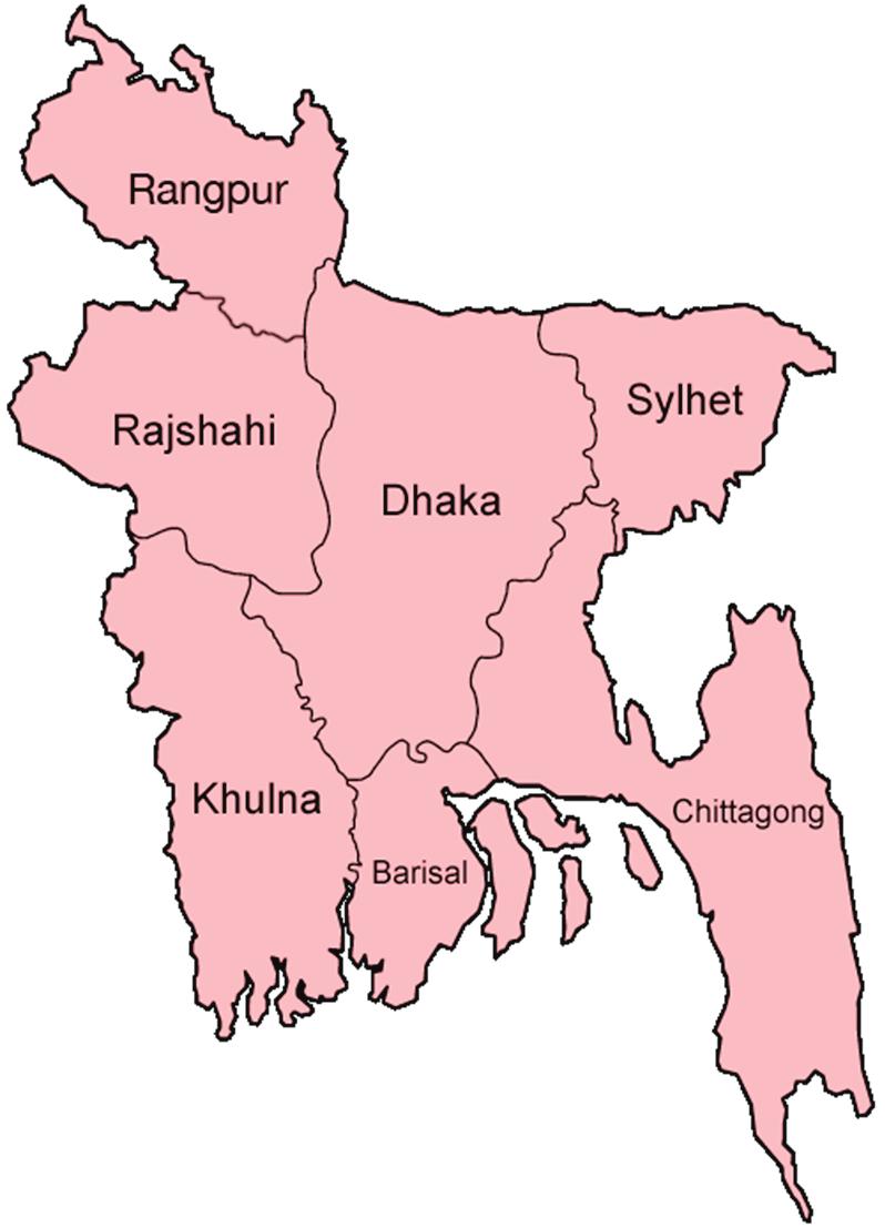 Figure 3. The Map of Bangladesh showing divisions of Bangladesh. Source: http://en.wikipedia.org/wiki/file:bangladesh_divisions_english.
