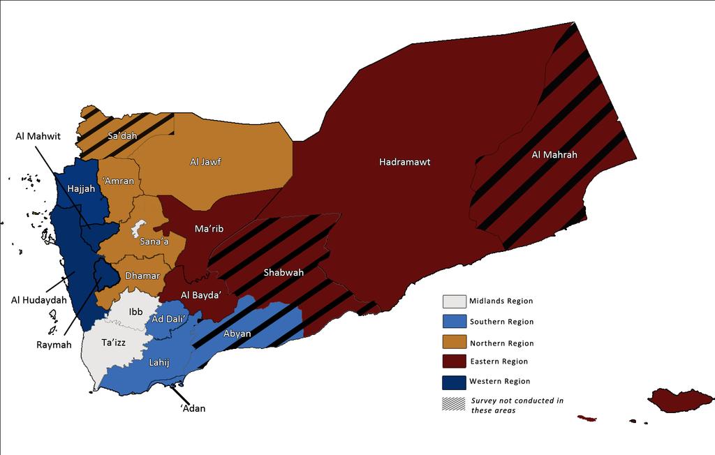 The sample was stratified proportionately across 17 governorates of Yemen, covering 91% of Yemen s population.