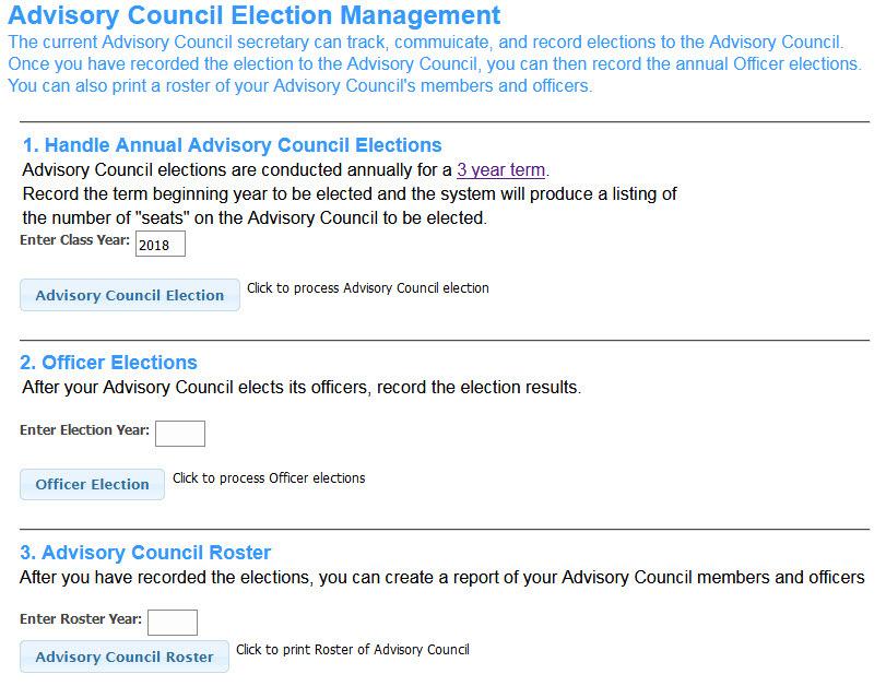 Note that a person who is not authorized to manage the Advisory Council election process may not have access to those parts of the election tools that involve recording election information.