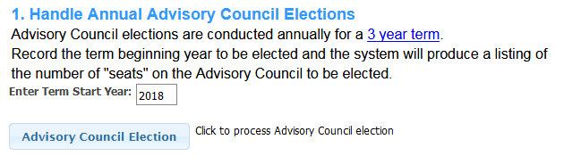 Step 1: Conducting the Election to the Advisory Council Enter the year to which the election applies, then click the Advisory Council Election button.