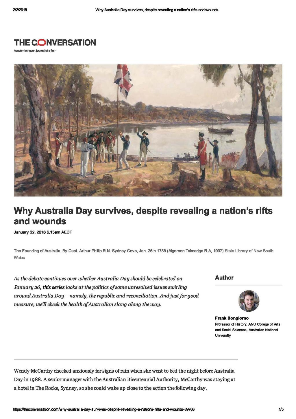 2/2/2018 W'rrf Australia Day survives, despite revealing a nsicrts rifts and wounds THE CO NVERSATION Why Australia Day survives, despite revealing a nation's rifts and wounds January 22, 20186.