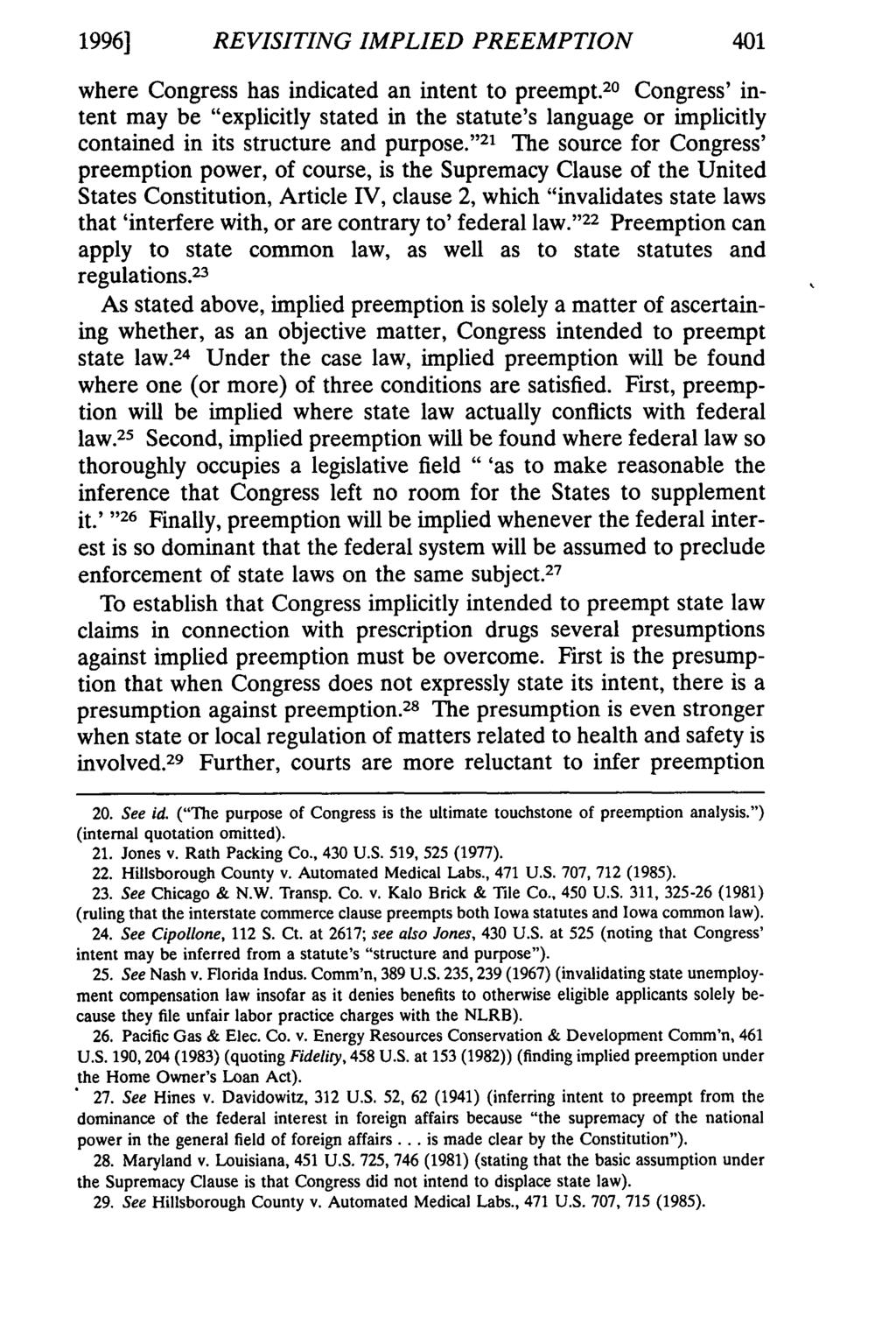 1996] REVISITING IMPLIED PREEMPTION where Congress has indicated an intent to preempt.