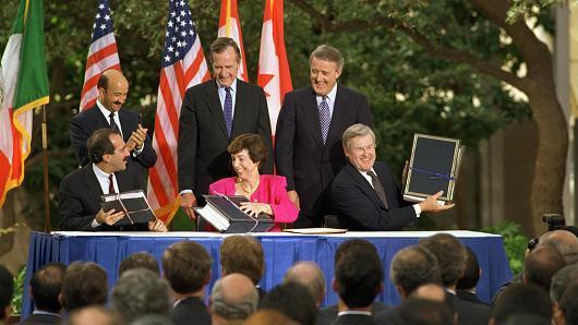 Notable Free Trade Agreements NAFTA drafting October 1992 Back row, left to right: Mexican President Carlos Salinas de Gortari, U.S. President George H. W.