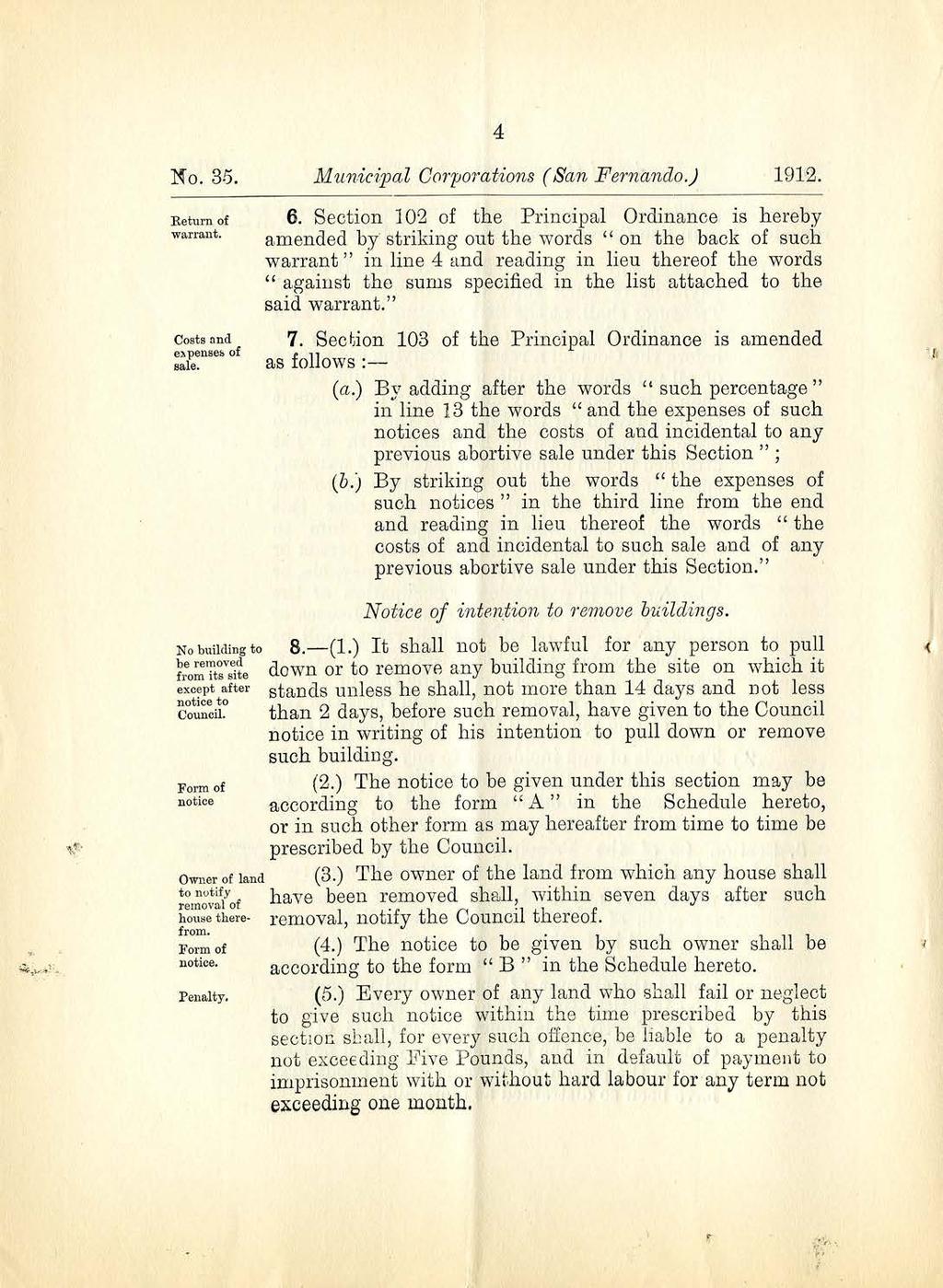 No. 35. 4 Municipal Corporations (San Fernan do.) 1912. Return of warrant. Costs and epenses of sale. 6.