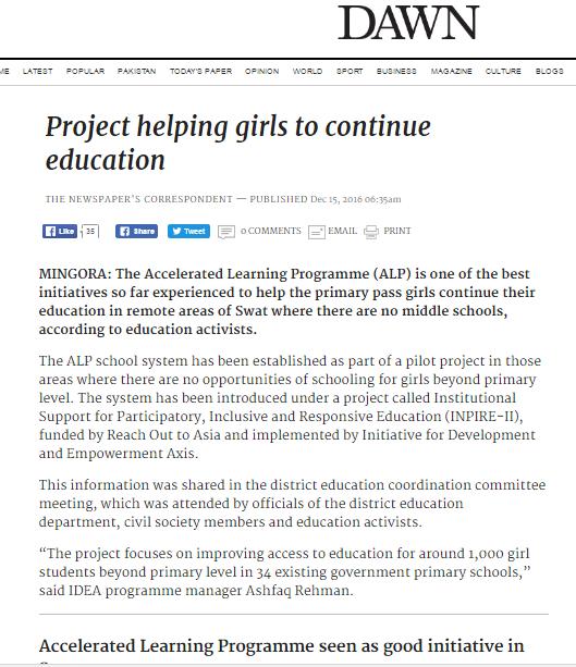 Educate a Girl-Change her world Institutional Support for Participatory, Inclusive and Responsive Education (INSPIRE II) An initiative to improve access to quality education services (formal &