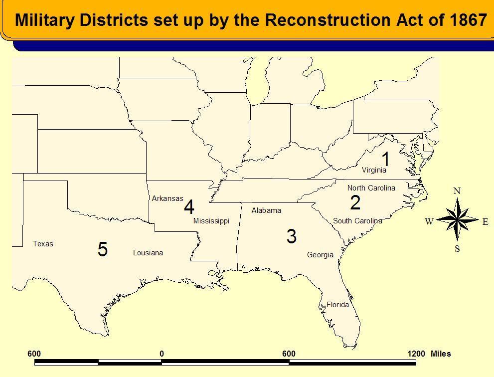 Radical Reconstruction Began This act divided the former Confederate states into five military districts under the supervision of army generals and subject to martial laws.