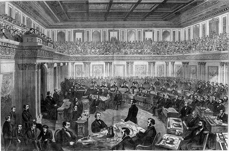 Impeaching the President Outraged by Johnson s actions, the House of Representatives voted to impeach the president Formally charge him of wrongdoings 1868- the case went to the Senate for a trial