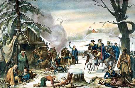 Winter at Valley Forge British settled in PA, winter of 1777, Washington/ troops at Valley Forge (20 miles west)
