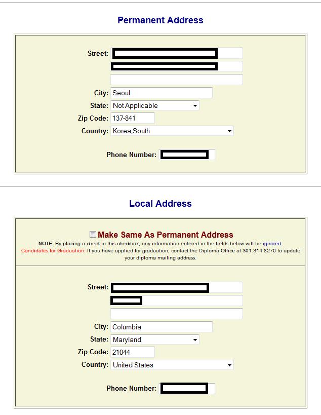 Update your US address in Local Address field Your permanent address should be a