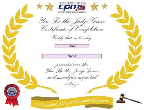 Quizzes and Games Game: You Be The Judge D-Link Image of the Certificate of Completion for You Be the Judge game in the U.S.
