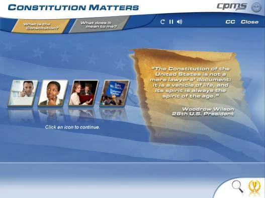 D-Link Screen with selectable icons for the four topics under What is the Constitution? section. The 1 st topic How does the Constitution apply today?