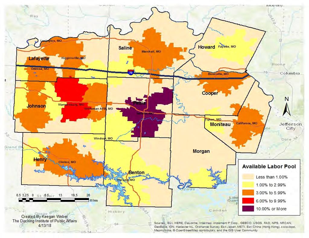 Map 2 shows how each ZIP code area compares to all other ZIP code areas in terms of the percent of total available labor in the Pettis County Labor Basin.