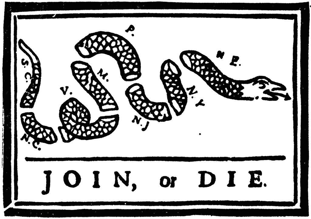 Document 4 These questions relate to the political cartoon below: Join or Die, Benjamin Franklin, May 9, 1754 12.