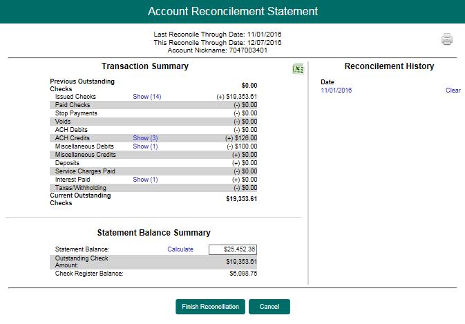 interest and taxes/withholding. The report also provides a total of outstanding checks and the check register balance as of reconciliation date.
