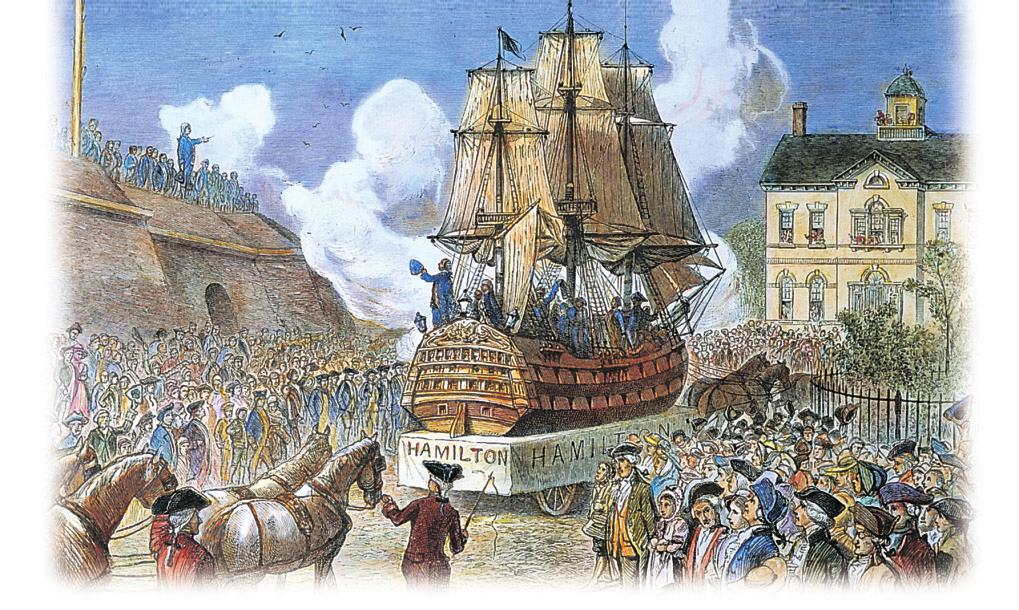 Supporters of the Constitution turned out in parades like this one in New York in 1788. The Ship of State float has Alexander Hamilton s name on it to celebrate his role in creating the Constitution.