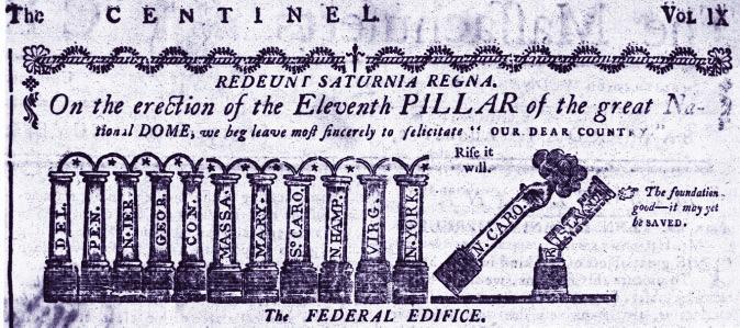 This political cartoon shows that New York was the 11th state to ratify the Constitution. Each of the 13 states is represented by a pillar. Article 7.