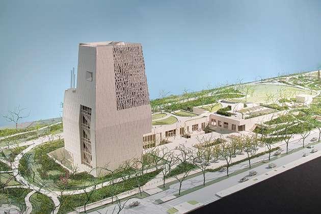 The Obama Presidential Center concept model, as seen from above and the North West. Depicted here is the Museum, Library, and Forum buildings.