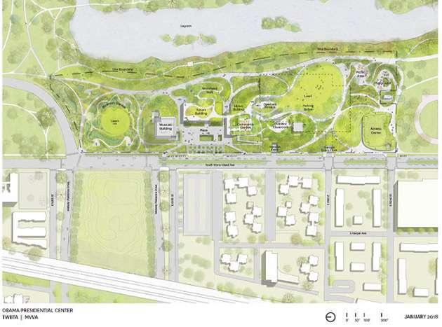 Rendering of the updated site design plans for the Obama Center. The Obama Foundation submitted its plans for the Obama Center to the City of Chicago on Wednesday, Jan. 10.