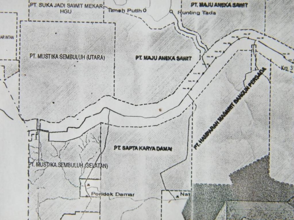 This map (including the community of Pondok Damar) shows how most lands have been allocated to companies for oil palm, leaving very little land along roads for community use.
