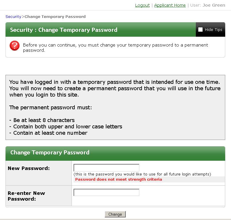 12. After you input the security questions, you will be prompted to change your password. Click on the Change button when finished.