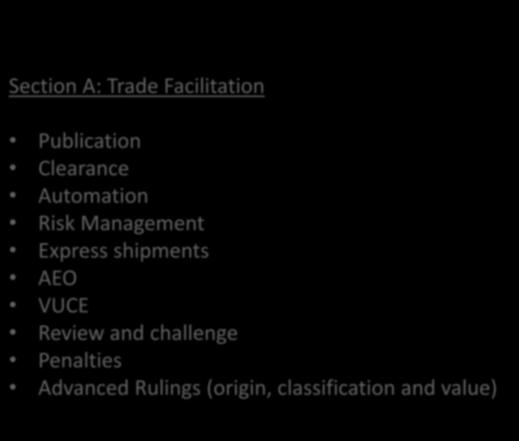 CONTEXTO Section A: Trade Facilitation Publication Clearance Automation Risk Management Express shipments AEO VUCE