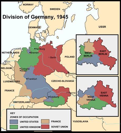 A Divided Germany After Germany surrendered, the Big Three agreed to divide Germany into four zones, for the United States, Great