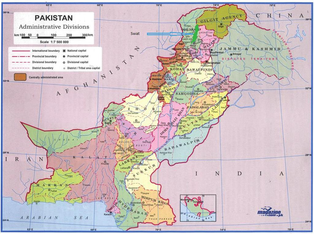 Figure 1: Map of Pakistan political and administrative divisions, the study area district Swat highlighted in