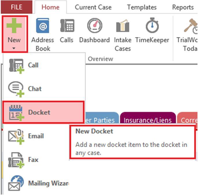 the Docket Tab or New Button Users may create a new docket entry from both the Docket Tab button
