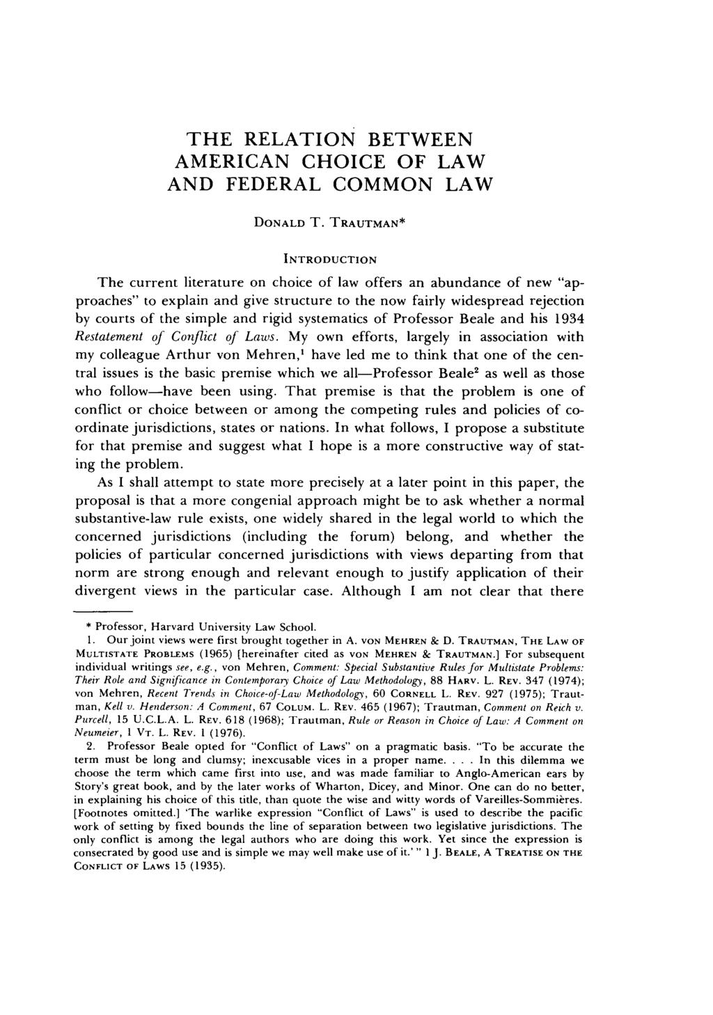 THE RELATION BETWEEN AMERICAN CHOICE OF LAW AND FEDERAL COMMON LAW DONALD T.