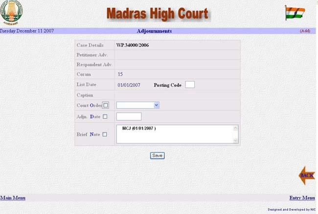 Previous adjournment details for a particular case number can be viewed.
