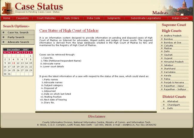 Case Status on Web site The case status of Madras High Court is also available on the following URL.