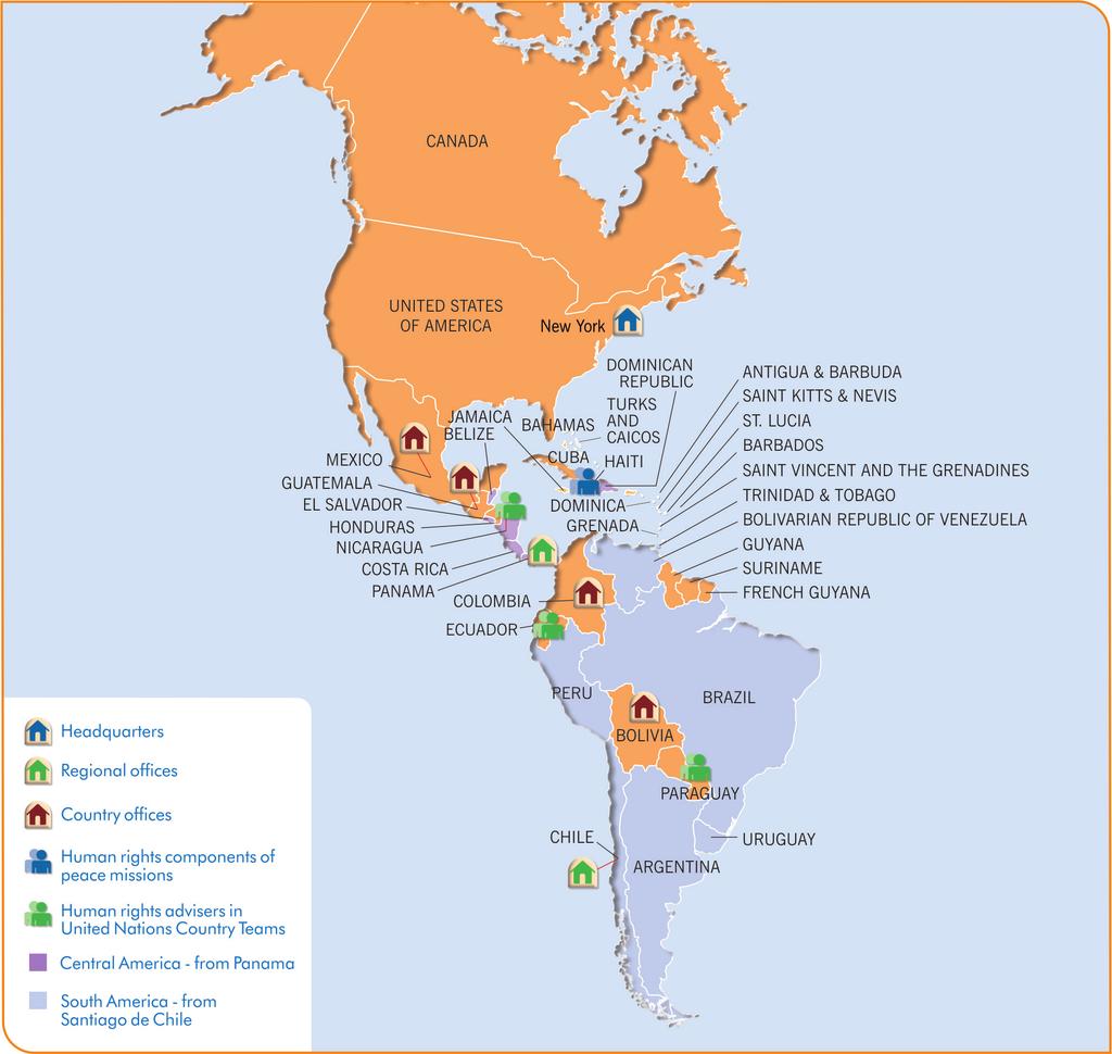 OHCHR in the field: Americas Type of presence Location Country offices Bolivia Colombia Guatemala Mexico Regional offices Central America (Panama City, Panama) South America (Santiago de Chile,