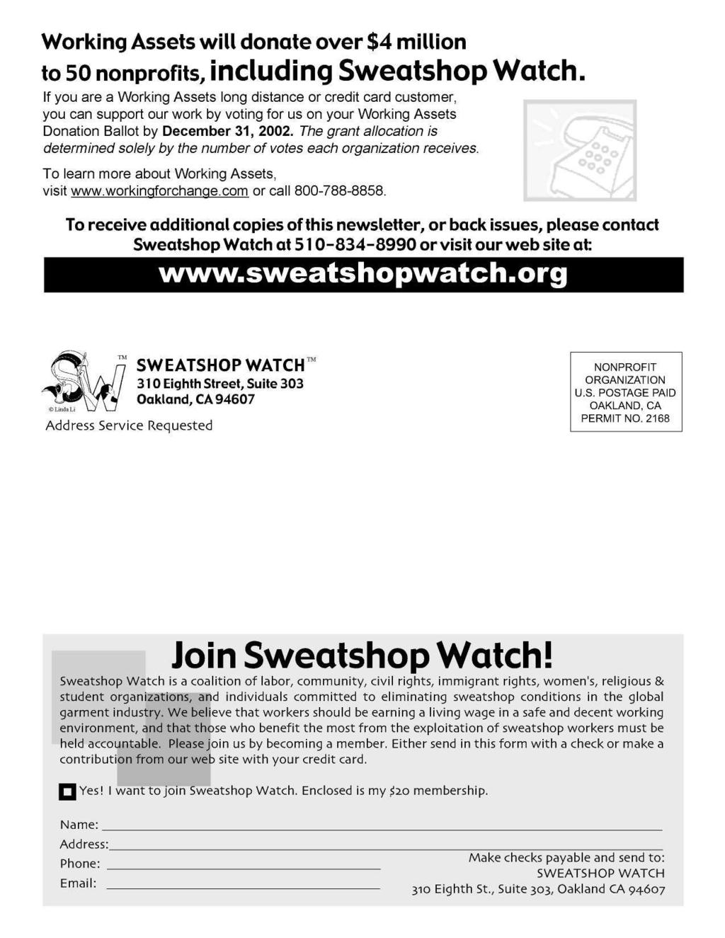 Working Assets will donate over $4 million to 50 nonprofits,including Sweatshop Watch.