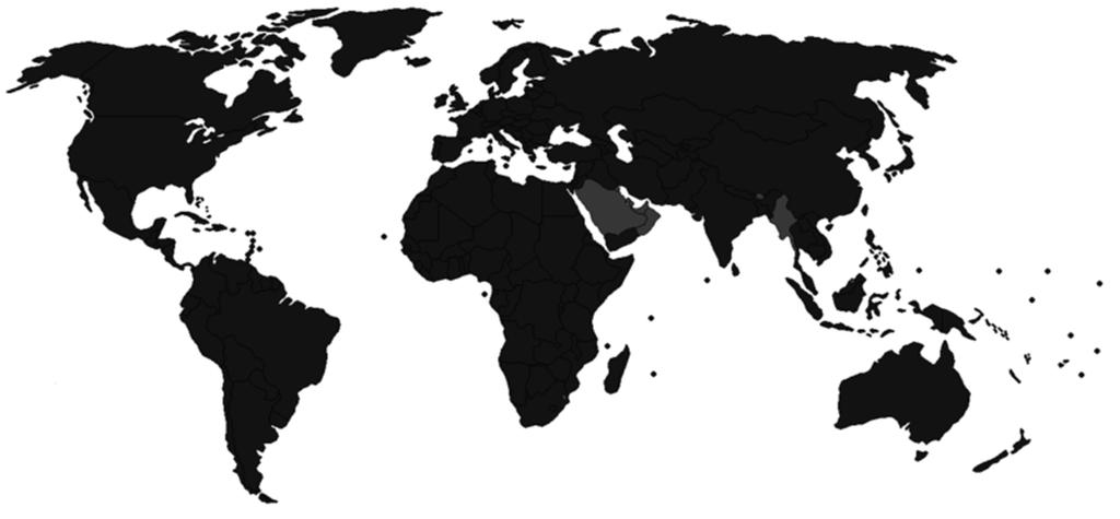 In blue: De jure, self-described democracies In red: Swaziland, Saudi Arabia, Myanmar, Bhutan, Brunei, Oman, United Arab Emirates, Qatar, Bahrain, Kuwait, and Vatican City.